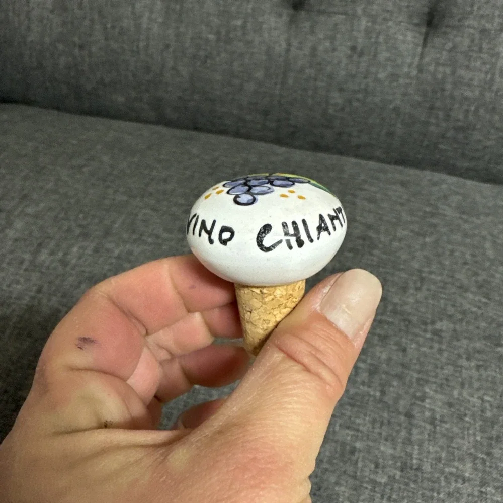 Hand Painted Ceramic Wine Bottle Stopper Vino Chianti Grape Design Italian Decor